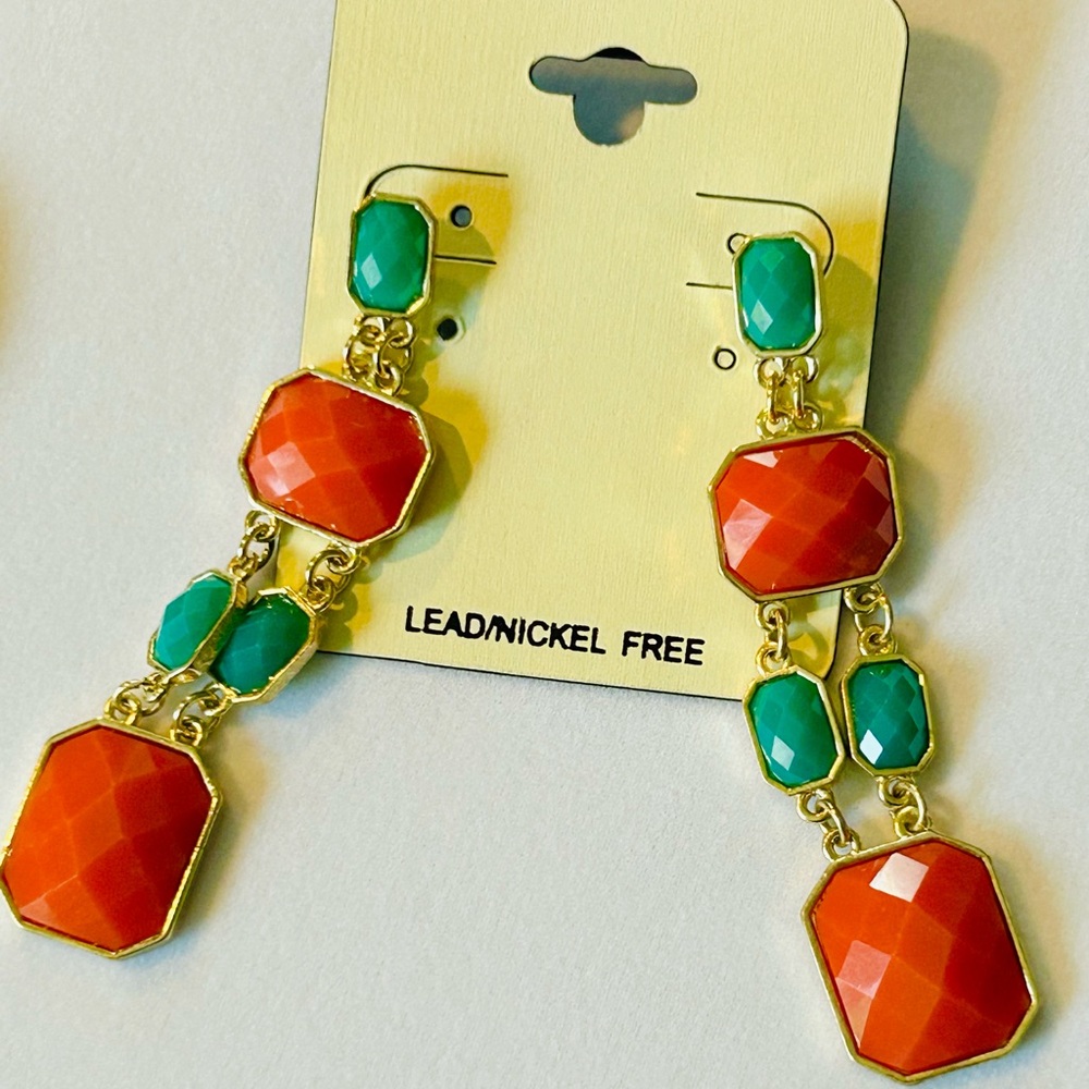 Elegant Gold, Green and Orange Dangle Earrings